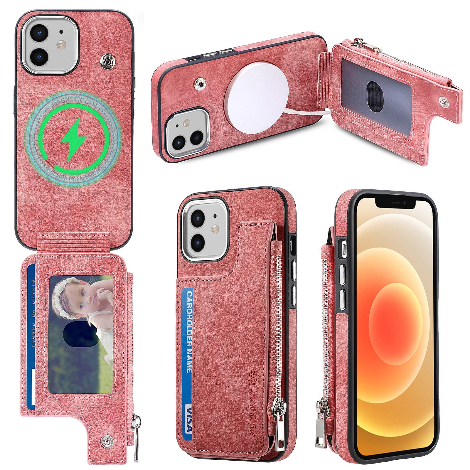 For iPhone 12 12 Pro 6.1 inch Zippered Wallet Phone Case PU Leather Coated TPU Phone Cover Compatible with MagSafe Charger For iPhone 12 12 Pro 6.1 inch Zippered Wallet Phone Case PU Leather Coated TPU Phone Cover Compatible with MagSafe Charger